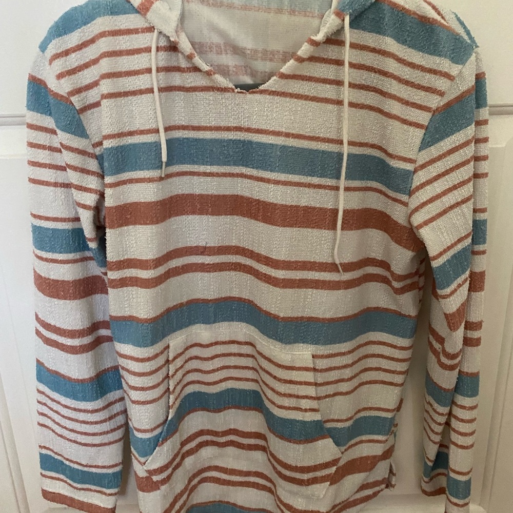 Boho blue, white, and orange striped hoodie